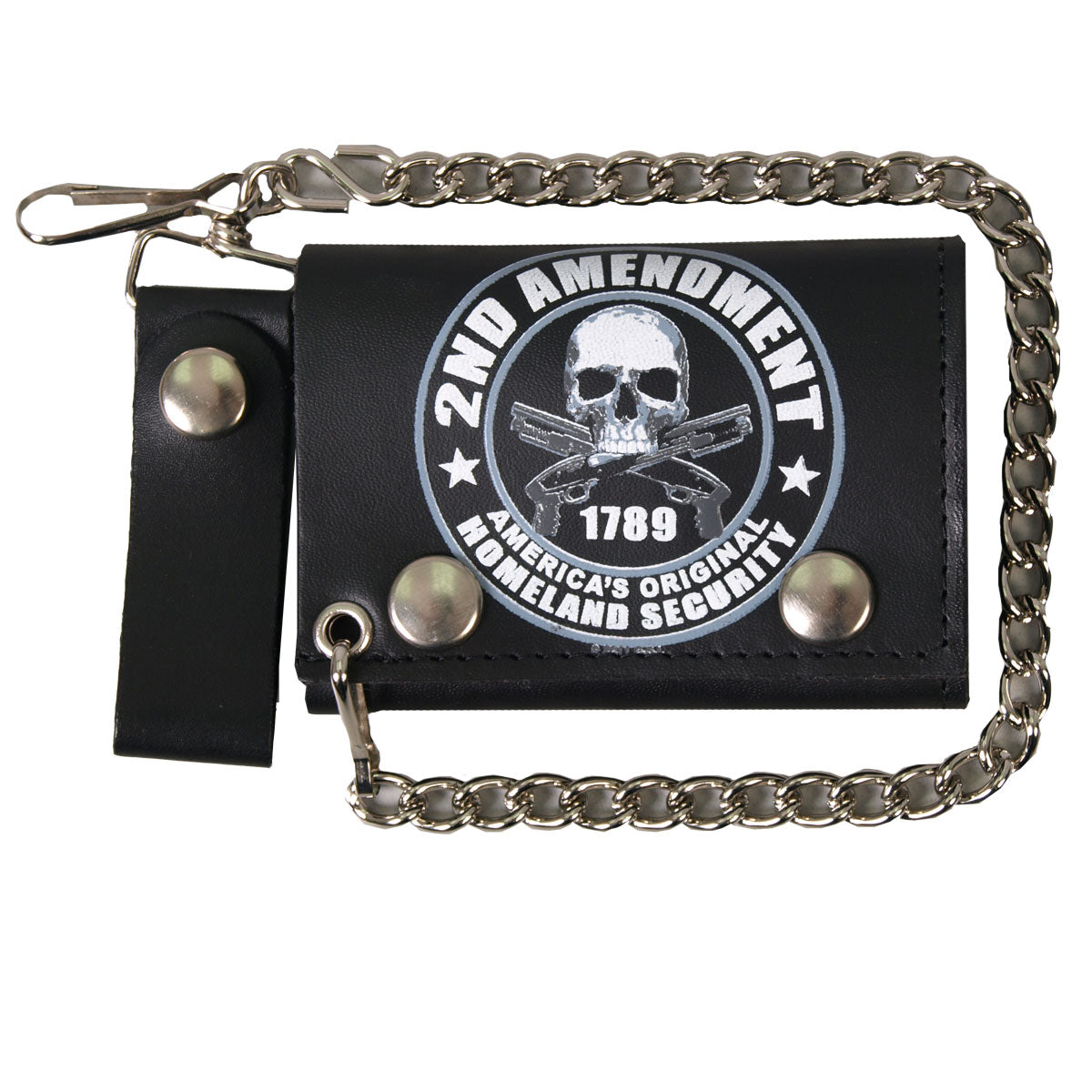 Hot Leathers WLB1021 4" 2nd Amendment Tri-fold Black Leather Wallet with Chain - GRP