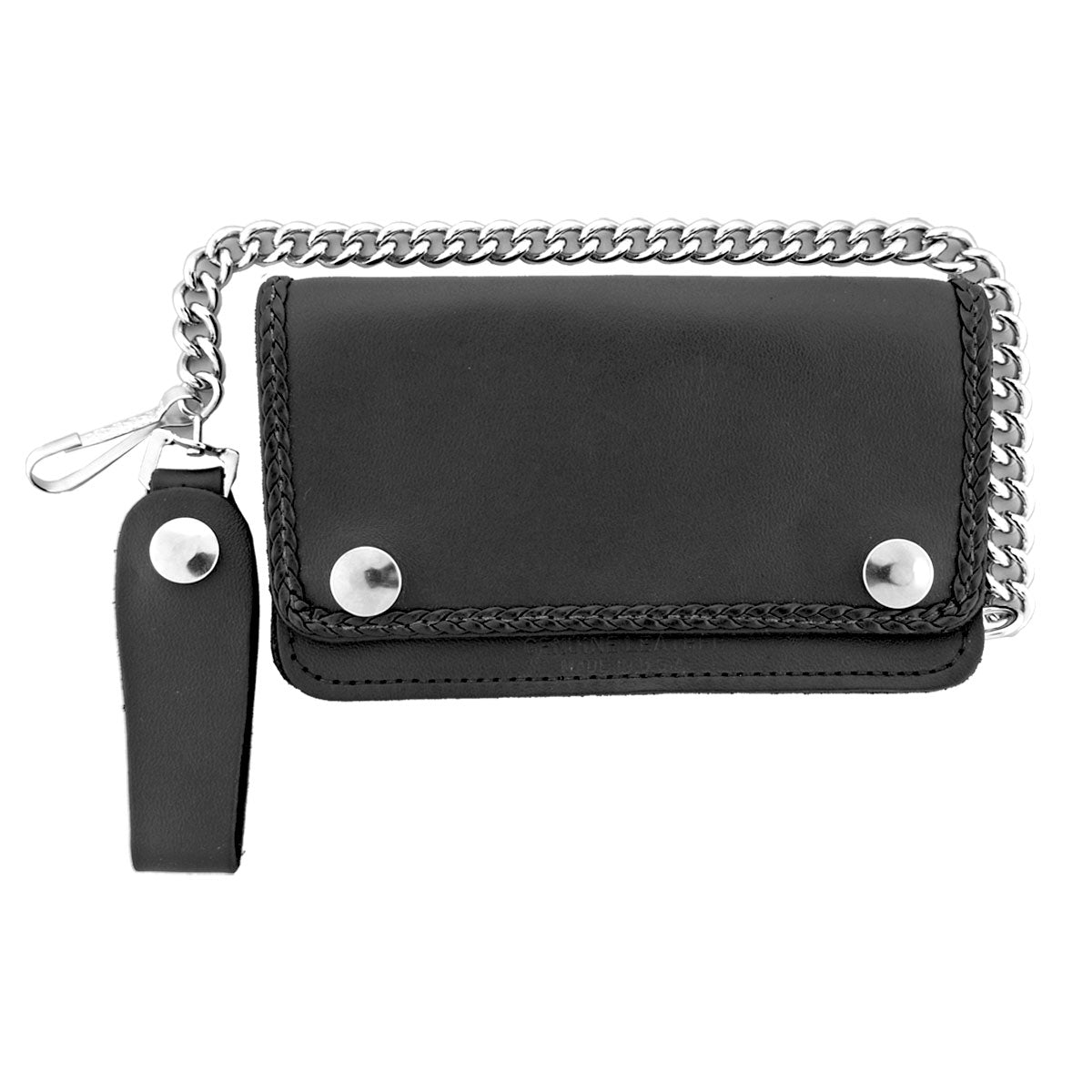Hot Leathers WLC1002 6" 5 Pocket Bi-fold Braided Detail Black Leather Wallet with Chain - GRP