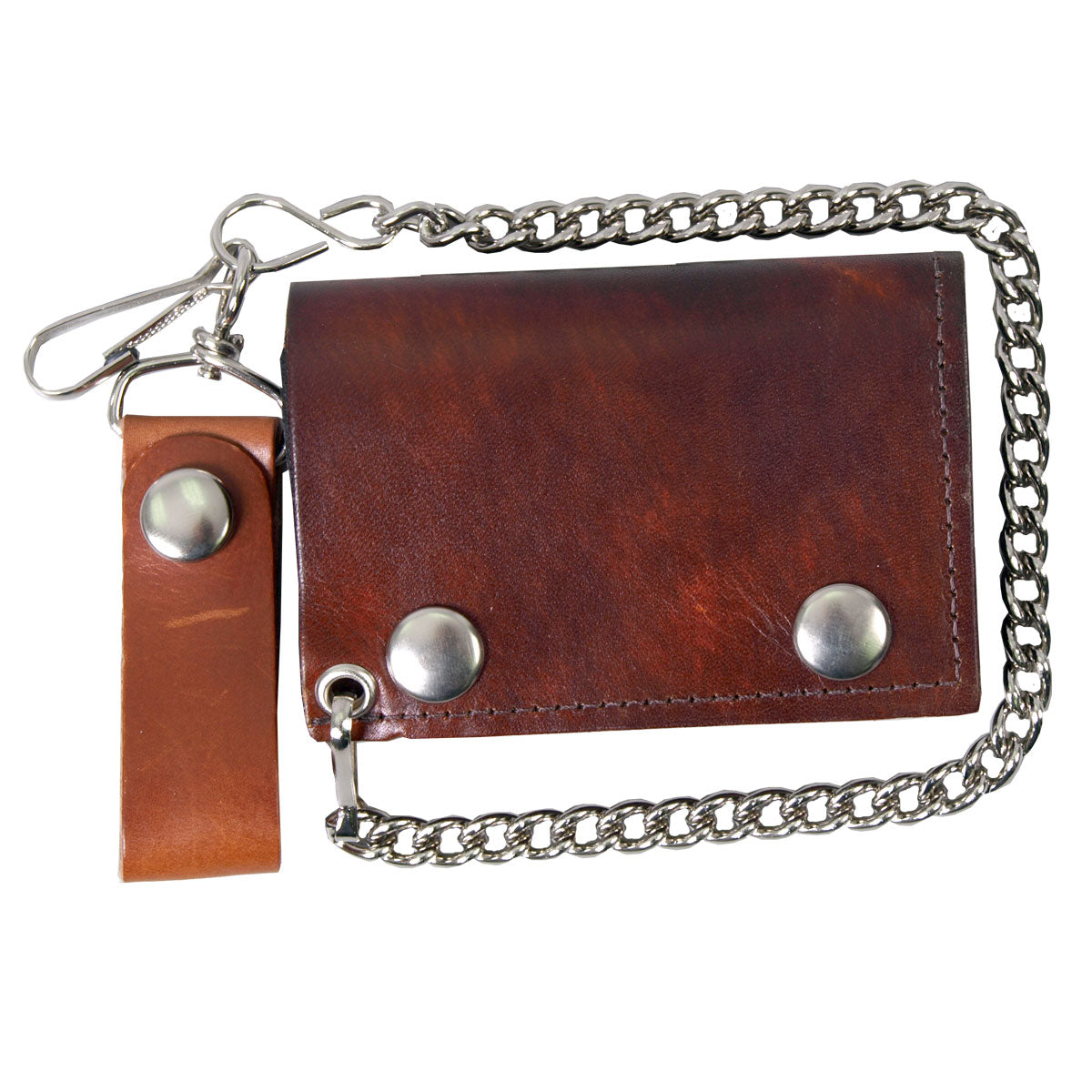 Hot Leathers WLC2009 4" Antique Brown Tri-Fold Leather Wallet with Chain - GRP