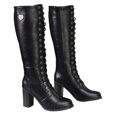 Milwaukee Leather X9442 Women's Black Lace-Up Tall Fashion Biker Boots with High Heel & Studs