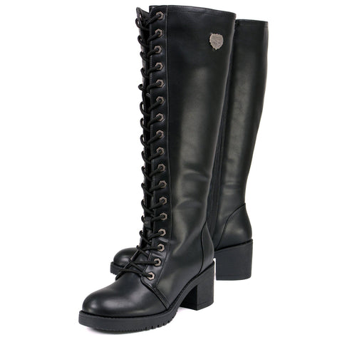 Milwaukee Leather XBL9442 Women's Black Lace-Up Tall Fashion Biker Boots with Square Heel