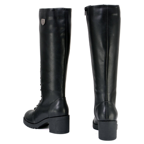 Milwaukee Leather XBL9442 Women's Black Lace-Up Tall Fashion Biker Boots with Square Heel