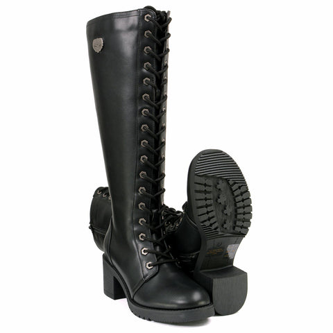 Milwaukee Leather XBL9442 Women's Black Lace-Up Tall Fashion Biker Boots with Square Heel