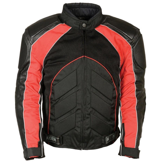 NexGen SH2153 Men's Combo Black and Red Armored Leather and Textile with Mesh Moto Jacket