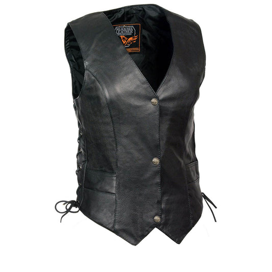 Milwaukee Leather ‘XS1254’ Women's Classic Black 'Buffalo Snap Buttons' Side Lace Leather Vest