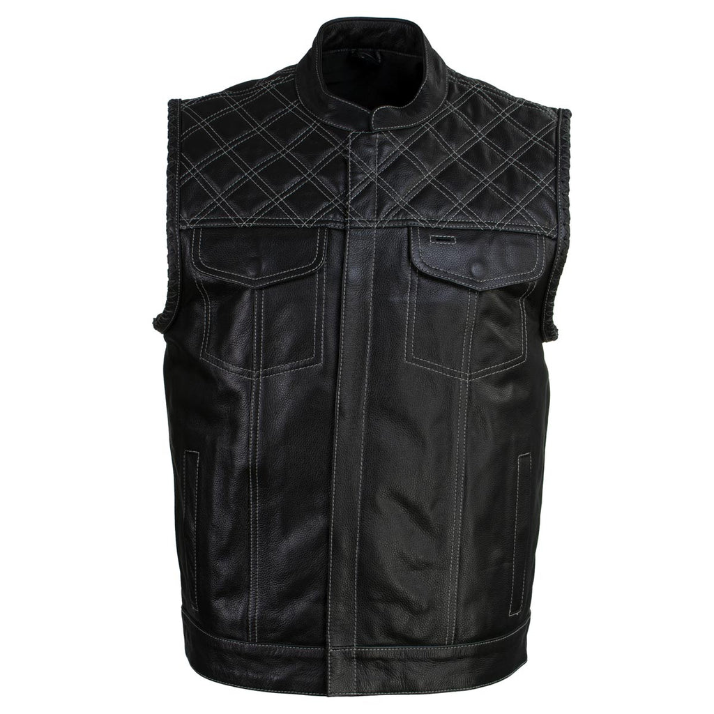 Milwaukee Leather LKM3784 Men's Classic Black Leather Motorcycle Rider Vest Stars and Stripes Design w/ USA Flag Liner