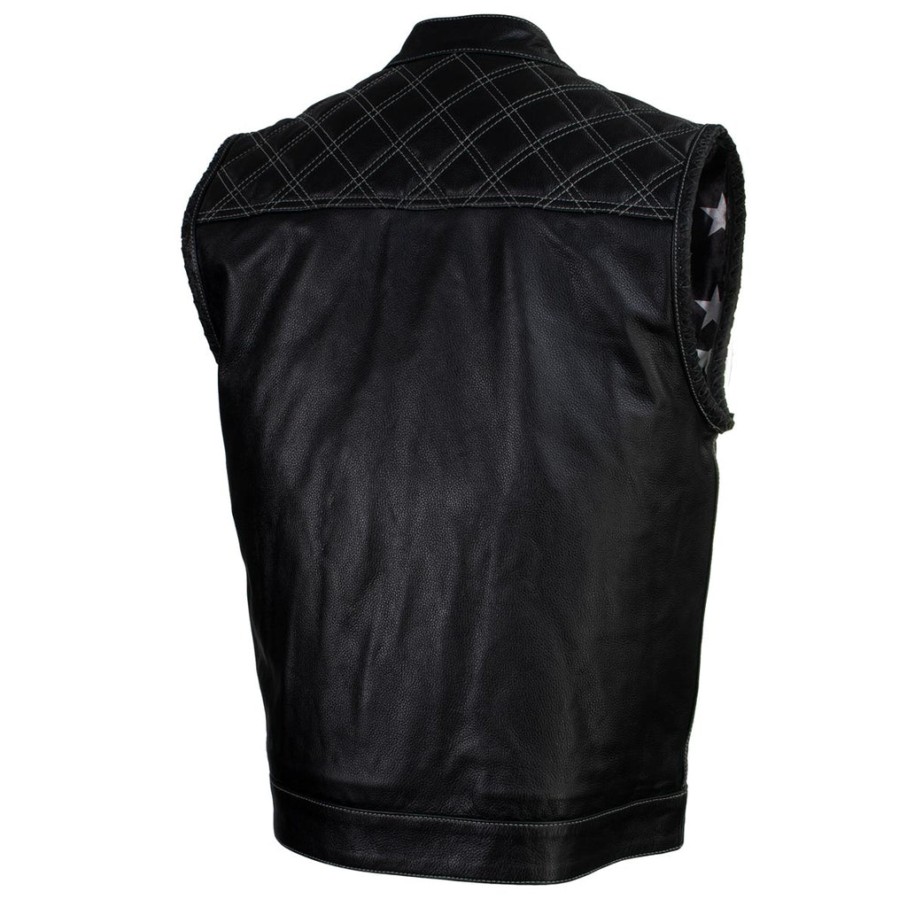Milwaukee Leather LKM3784 Men's Classic Black Leather Motorcycle Rider Vest Stars and Stripes Design w/ USA Flag Liner