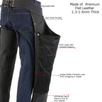 Milwaukee Leather LKM5717 Men's Flat Black Premium Leather Motorcycle Rider Biker Chaps w/ Jean Pockets