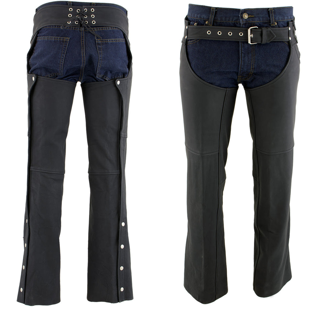 Milwaukee Leather LKM5717 Men's Flat Black Premium Leather Motorcycle Rider Biker Chaps w/ Jean Pockets