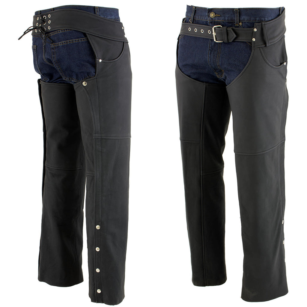 Milwaukee Leather LKM5717 Men's Flat Black Premium Leather Motorcycle Rider Biker Chaps w/ Jean Pockets