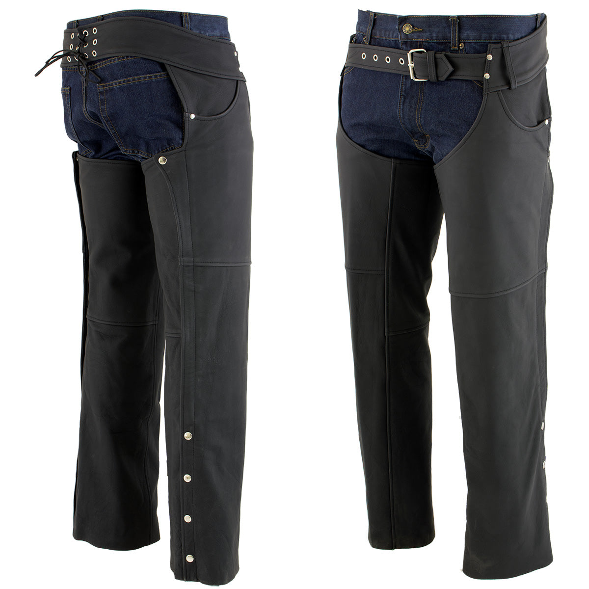 Milwaukee Leather LKM5717 Men's Flat Black Premium Leather Motorcycle Rider Biker Chaps w/ Jean Pockets