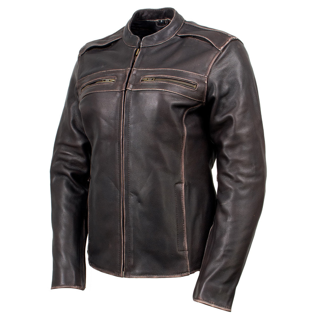 Milwaukee Leather LKL27006 Women's Premium Distress Brown Leather Motorcycle Biker Jacket w/ CE Armor Protection