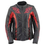 Milwaukee Leather LKL27003 Women's Premium Black and Red Leather Embroidered Jacket with CE Armor Protection