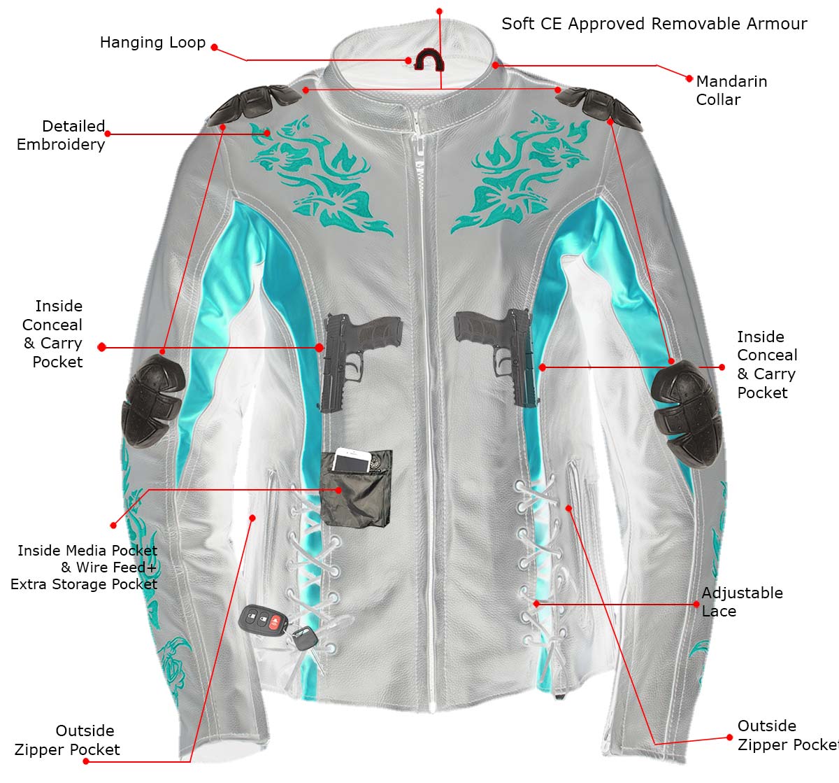 Milwaukee Leather LKL27003 Women's Premium Black and Red Leather Embroidered Jacket with CE Armor Protection