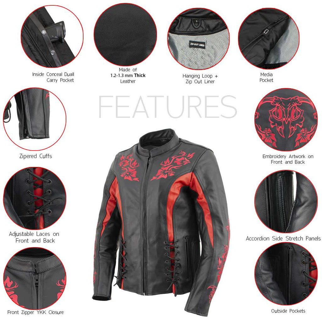 Milwaukee Leather LKL27003 Women's Premium Black and Red Leather Embroidered Jacket with CE Armor Protection