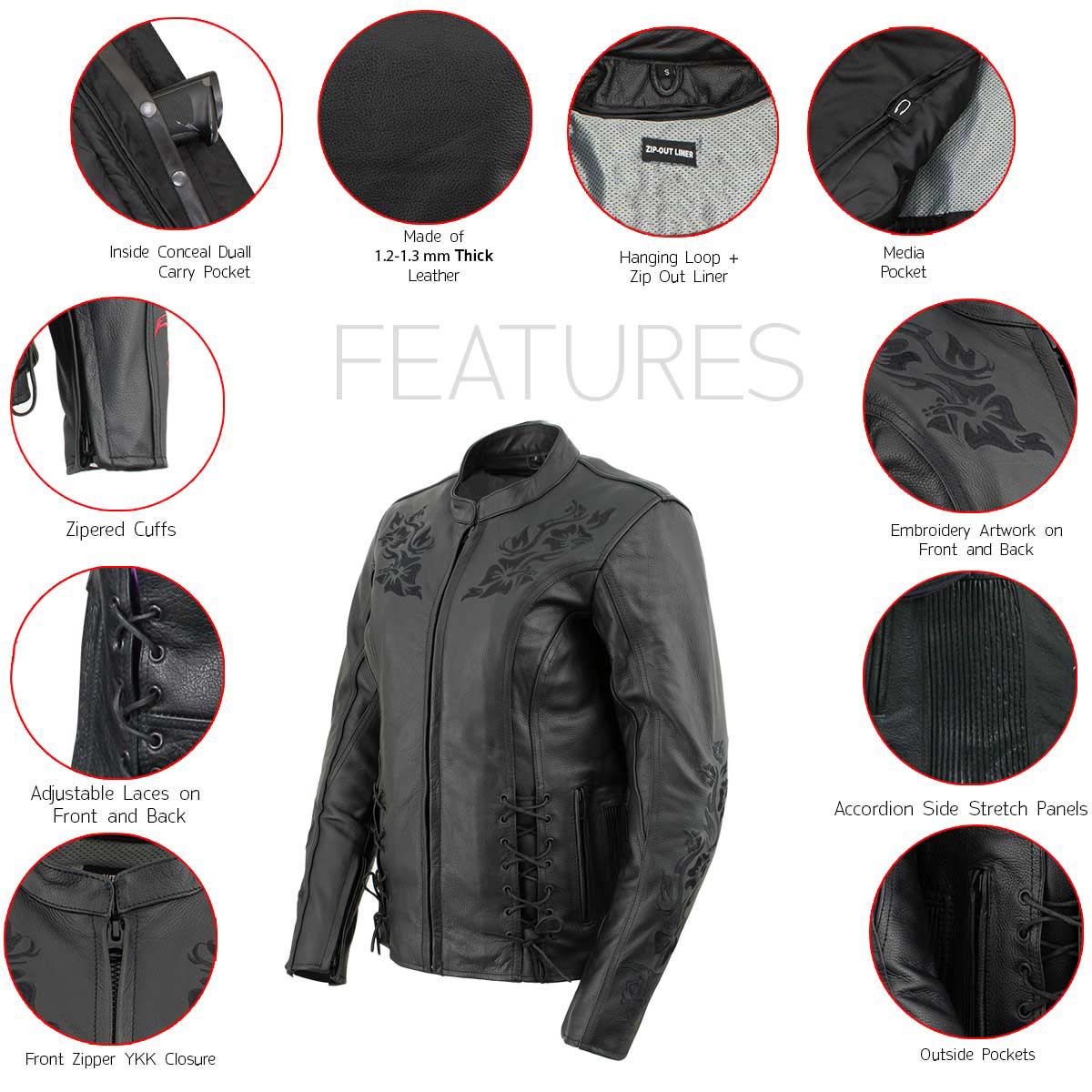 Milwaukee Leather LKL27004 Women's Premium Black Leather Embroidered Jacket with CE Armor Protection