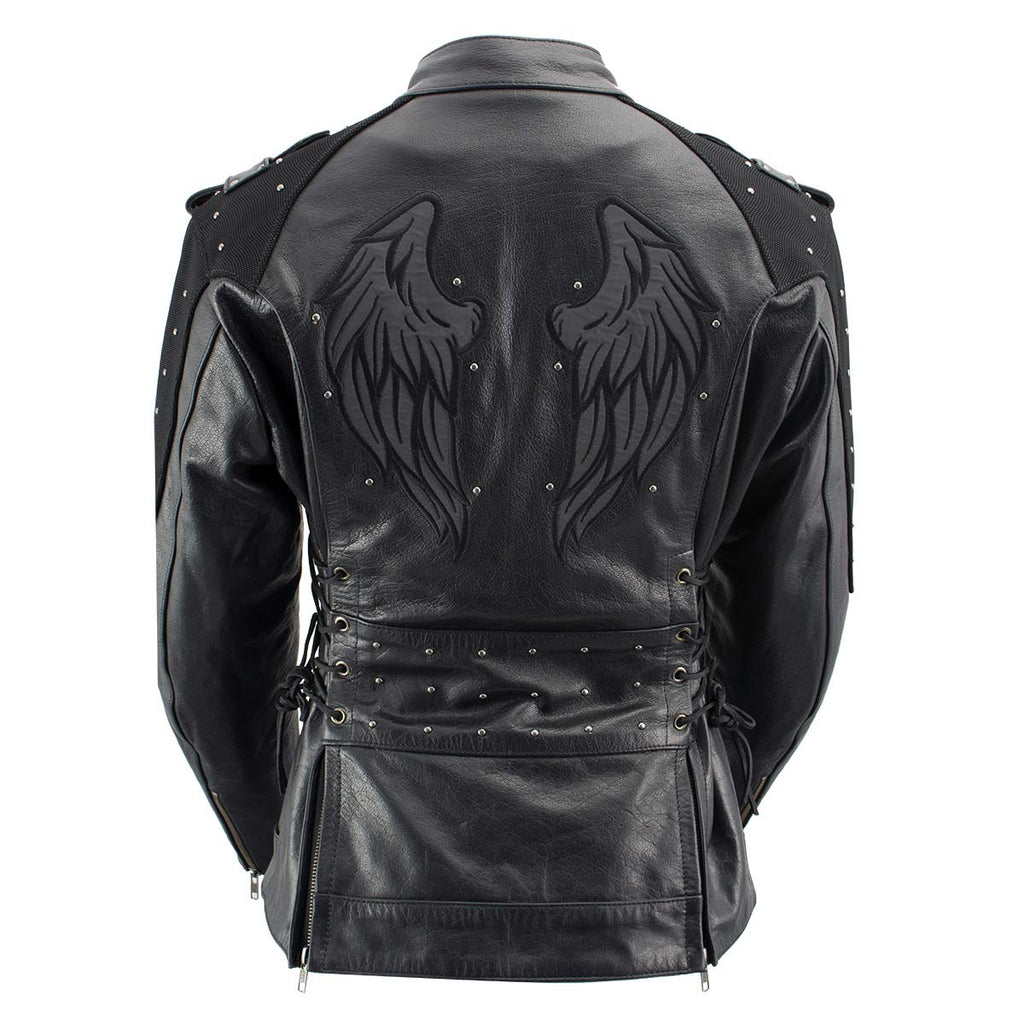 Milwaukee Leather LKL27005 Women's Scuba Style Black Leather Motorcycle Biker Jacket w/ Reflective Wings and Studs