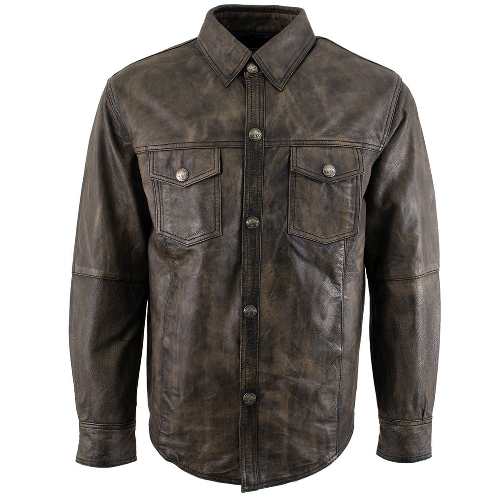 Milwaukee Leather MLM1613 Men's Distressed Brown Casual Biker Rider Leather Shirt w/ Vintage 5 Cent Buffalo Buttons
