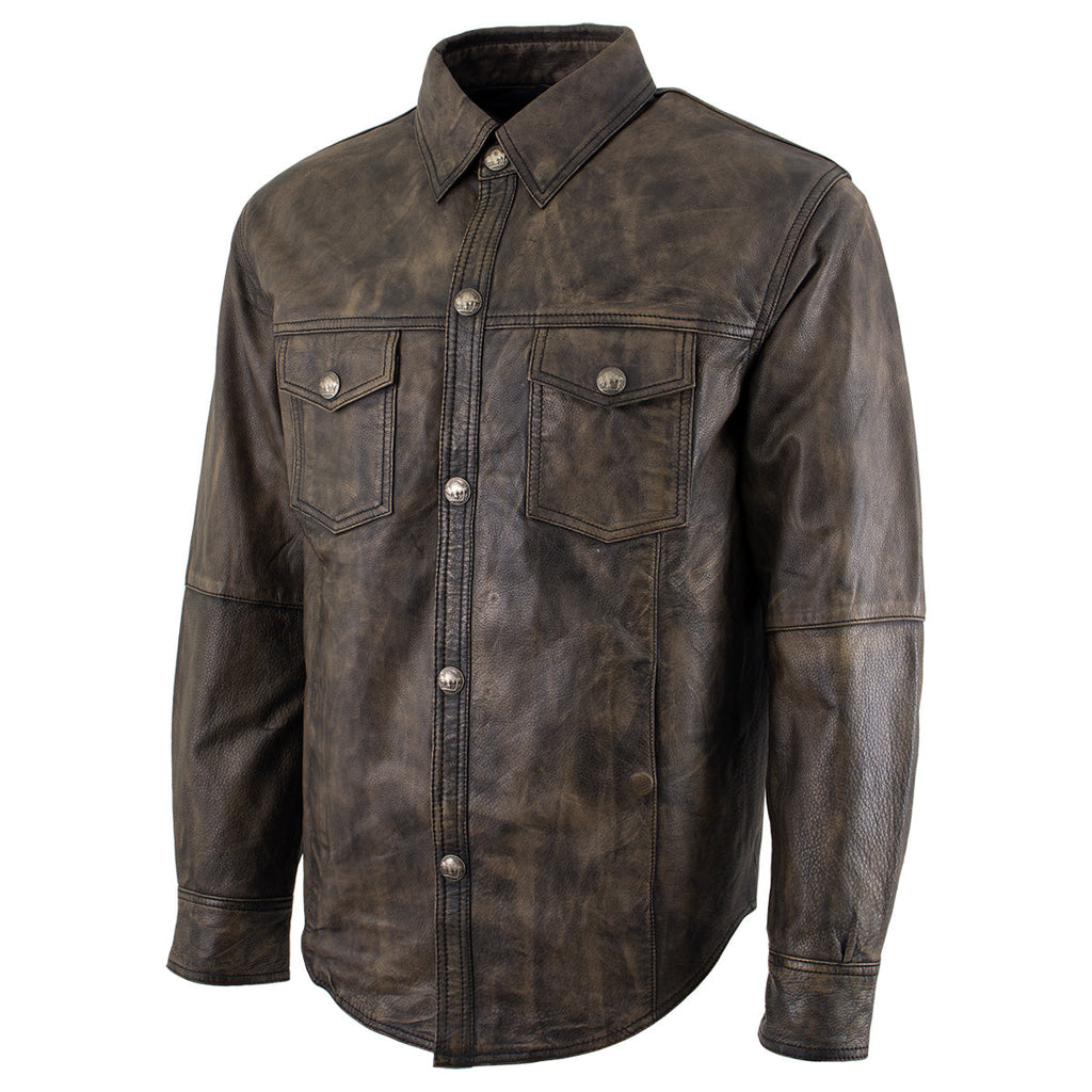 Milwaukee Leather MLM1613 Men's Distressed Brown Casual Biker Rider Leather Shirt w/ Vintage 5 Cent Buffalo Buttons