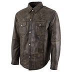 Milwaukee Leather MLM1613 Men's Distressed Brown Casual Biker Rider Leather Shirt w/ Vintage 5 Cent Buffalo Buttons