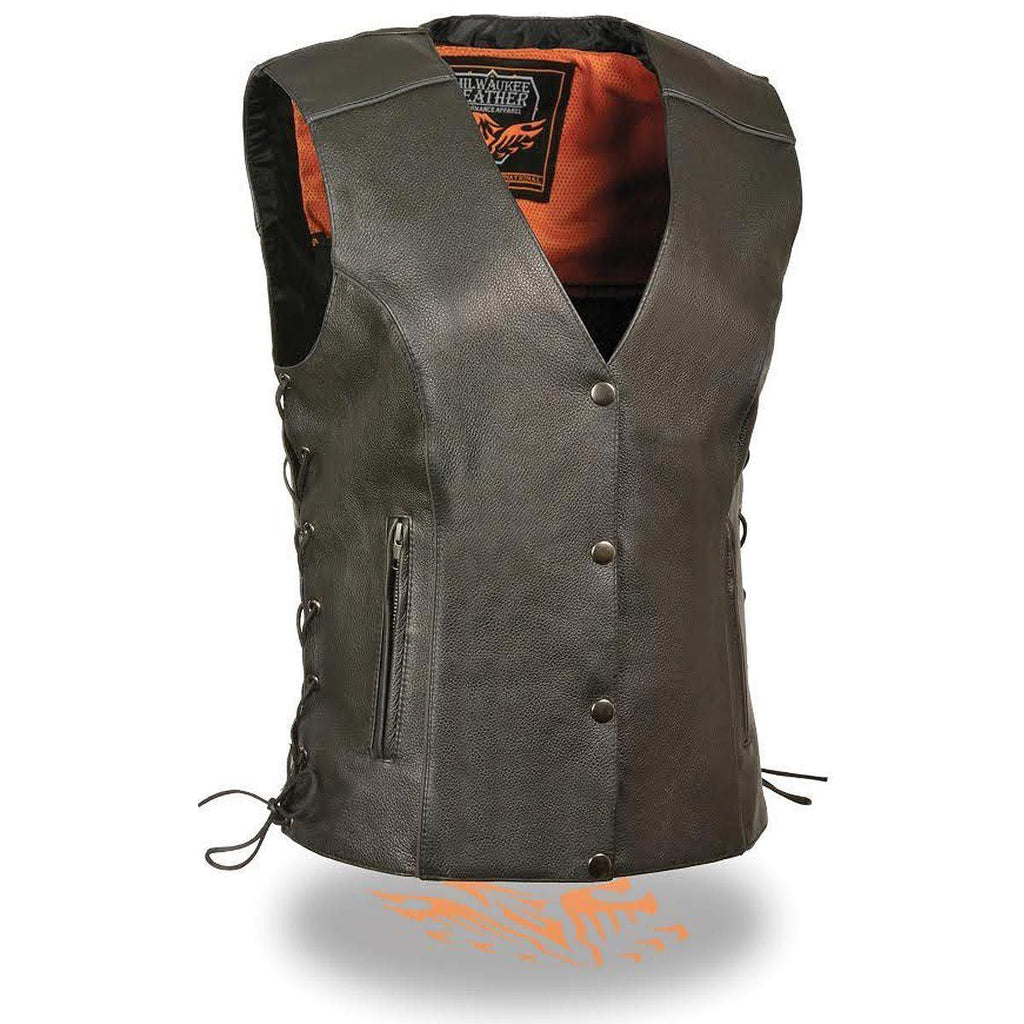 Milwaukee Leather MLL4500 Womens Side Lace Black Leather Vest with Reflective Piping - N/A