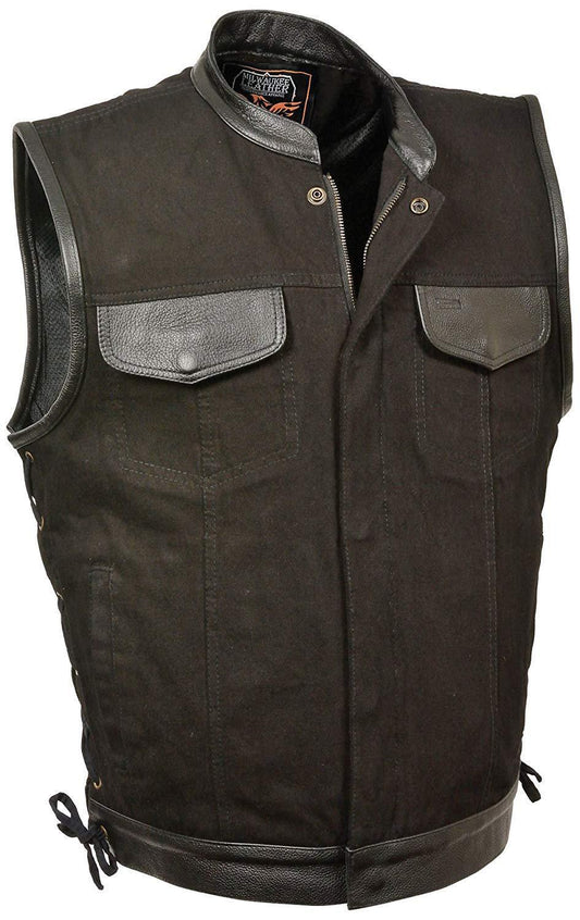 Milwaukee Performance MDM3011 Men's Black Side Lace Denim Vest with Leather Trim and Hidden Zipper - Milwaukee Performance Mens Denim Vests