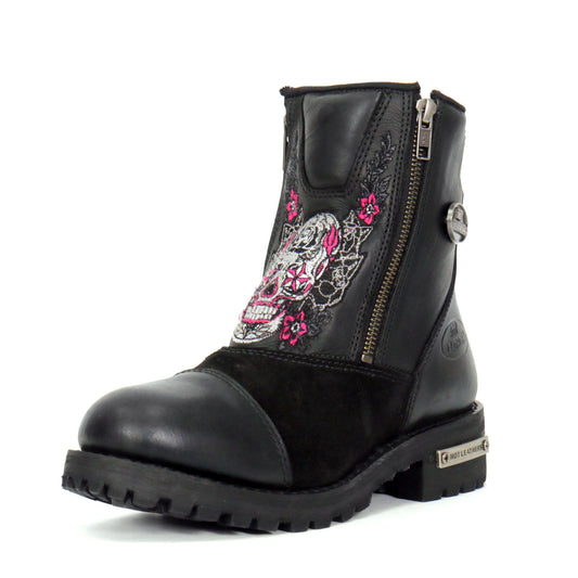 Hot Leathers Ladies Black Double Zip Sugar Skull Cap Toe Leather Boot BTL1009