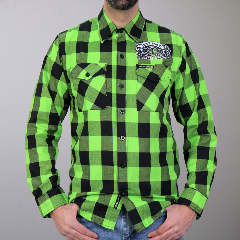 Hot Leathers Men's 'Brass Knuckles' Black/Green Cotton Flannel Shirt - Button Front - Riding/Casual/ Work Wear - FLM2106