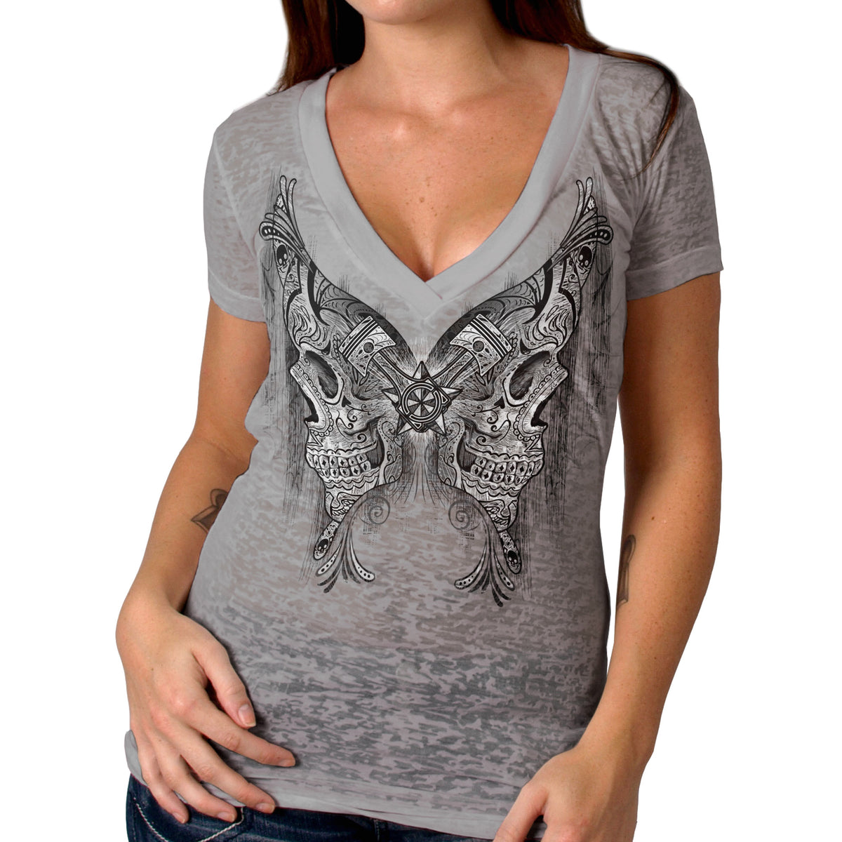 Hot Leathers Ladies Burnout Cotton Butterfly Skulls V-Neck T-Shirt GLC1538