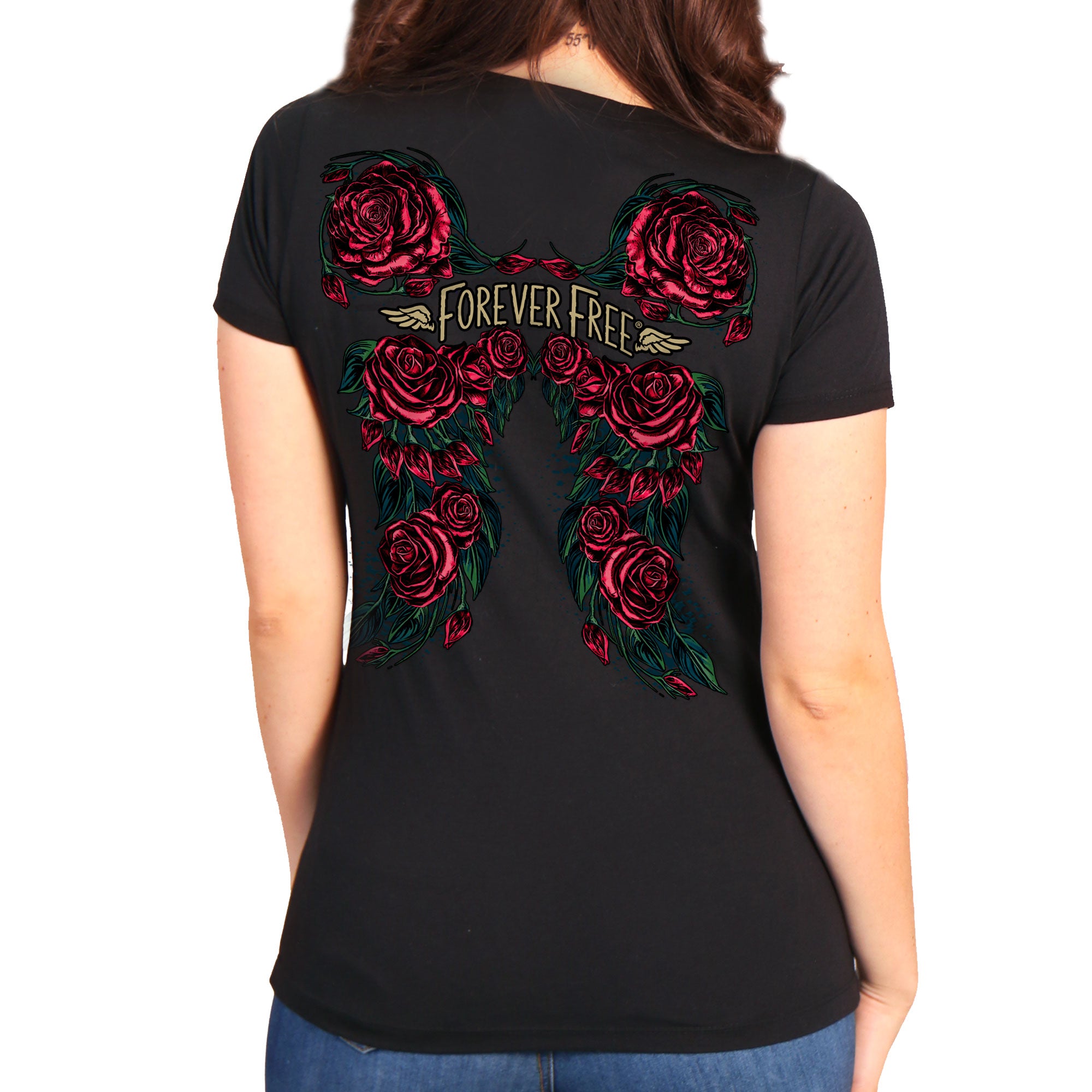 Hot Leathers  Ladies Black Rose Wings V-Neck T-Shirt GLD1550