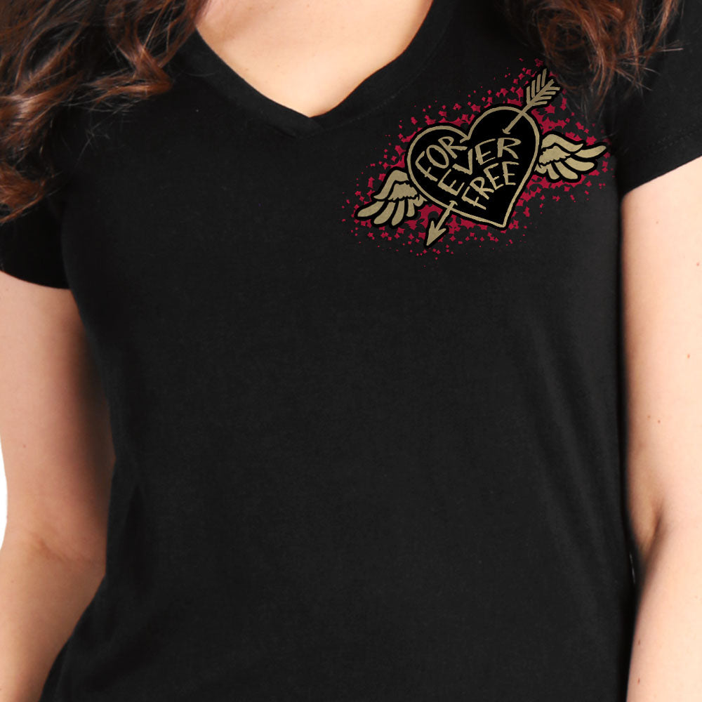 Hot Leathers  Ladies Black Rose Wings V-Neck T-Shirt GLD1550