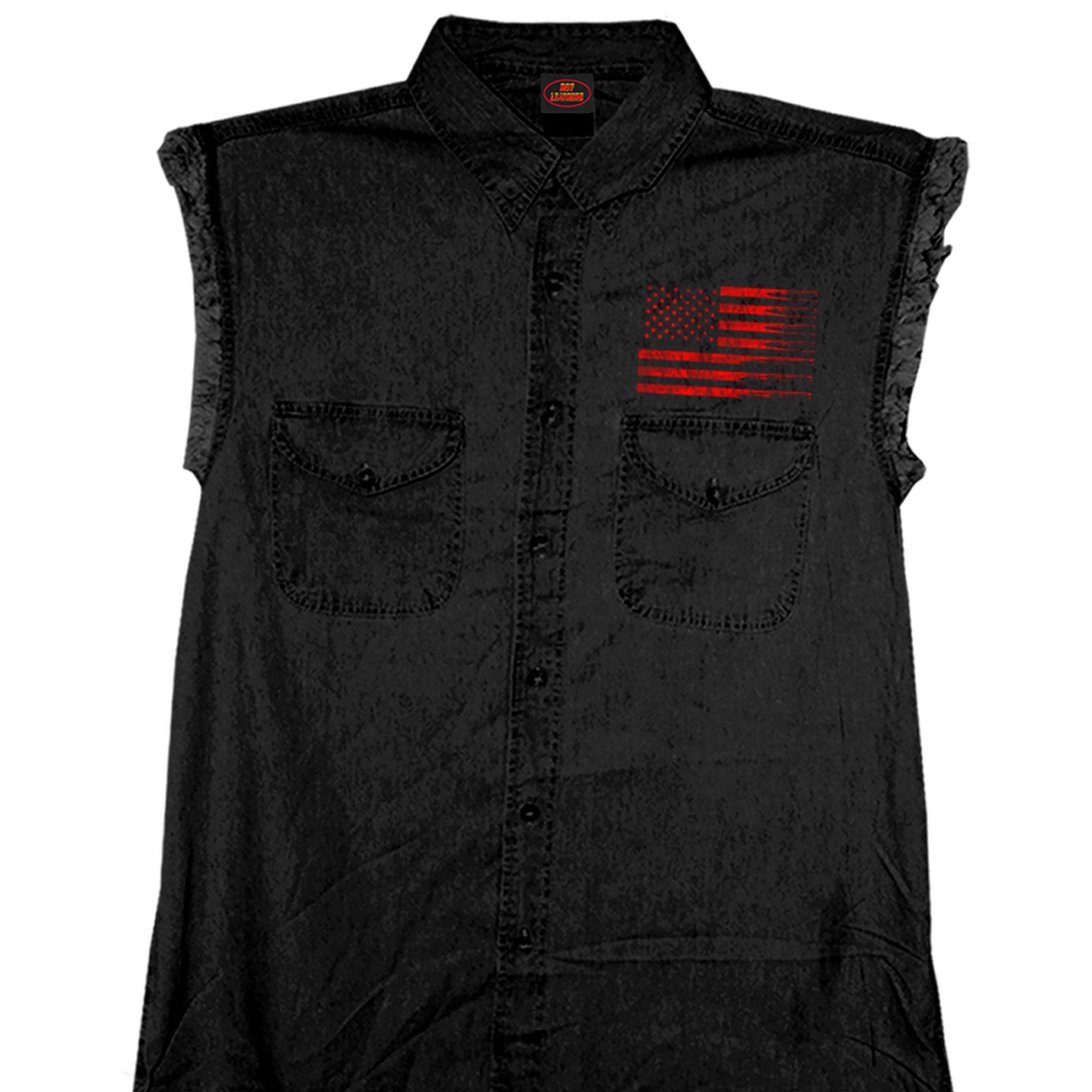 Hot Leathers GMD5430 Mens Black Flag Bullets Sleeveless Black Denim Shirt