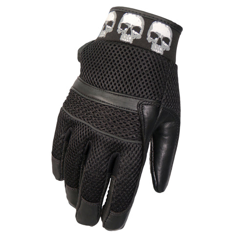 Hot Leathers GVM1301 Uni-Sex Black 'Row of Skulls' Leather and Mesh Gloves