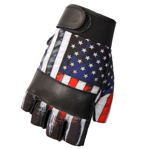 GVM3008 Black 'Heartbeat USA Flag' Fingerless Leather Gloves MULTI / S