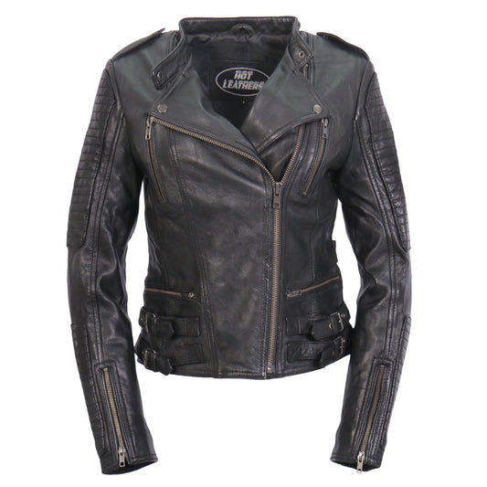 Hot Leathers Ladies Lightweight Leather Biker Jacket - Black / S