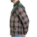 Hot Leathers JKM3202 Men's Motorcycle style Grey Black and Orange Reinforced Leather and Plaid Flannel Biker Shirt