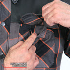 Hot Leathers JKM3202 Men's Motorcycle style Grey Black and Orange Reinforced Leather and Plaid Flannel Biker Shirt