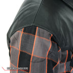 Hot Leathers JKM3202 Men's Motorcycle style Grey Black and Orange Reinforced Leather and Plaid Flannel Biker Shirt