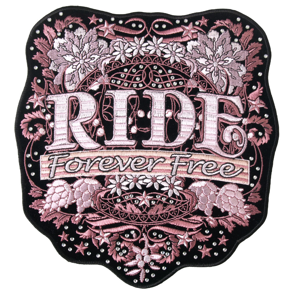 Hot Leathers Ride Forever Free 8 Rhinestone Embroidered Patch - 8" W x 9" H - Iron-On or Sew-On - PPC3197