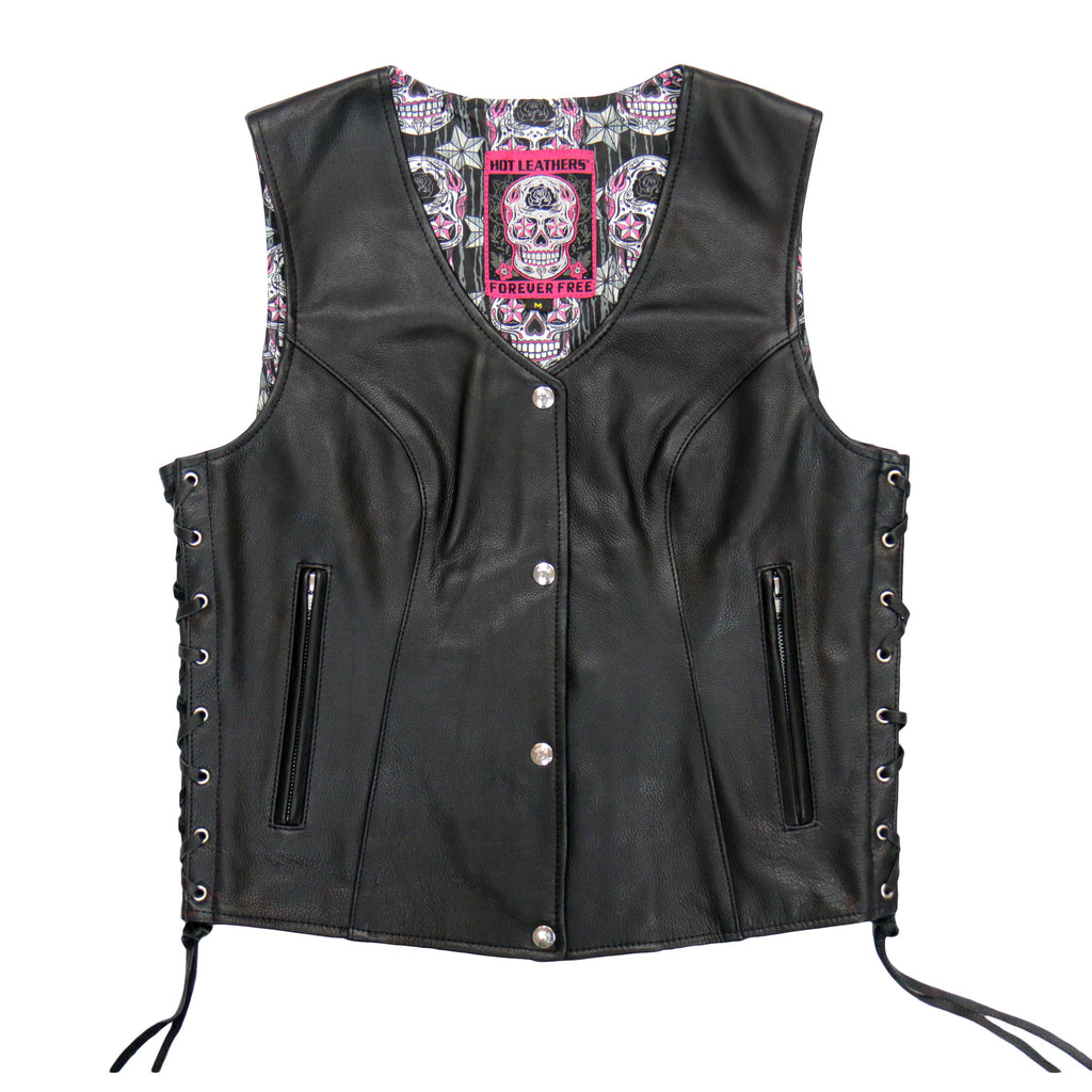Hot Leathers VSL1017 Ladies 'Sugar Skull' Lined Black Leather Motorcycle Biker Vest