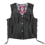 Hot Leathers VSL1017 Ladies 'Sugar Skull' Lined Black Leather Motorcycle Biker Vest
