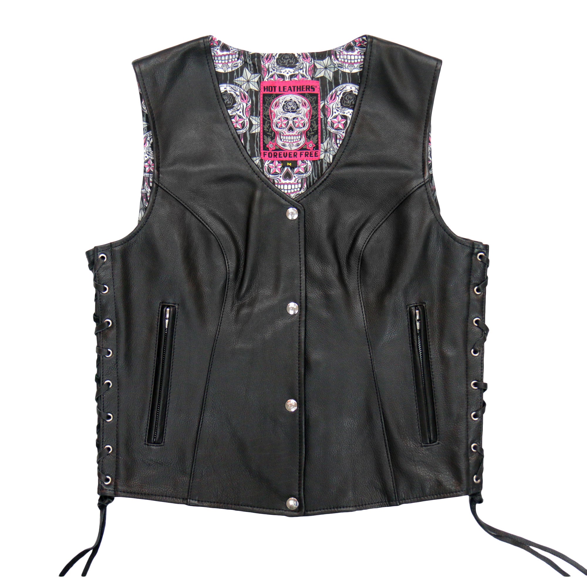 Hot Leathers VSL1017 Ladies 'Sugar Skull' Lined Black Leather Motorcycle Biker Vest