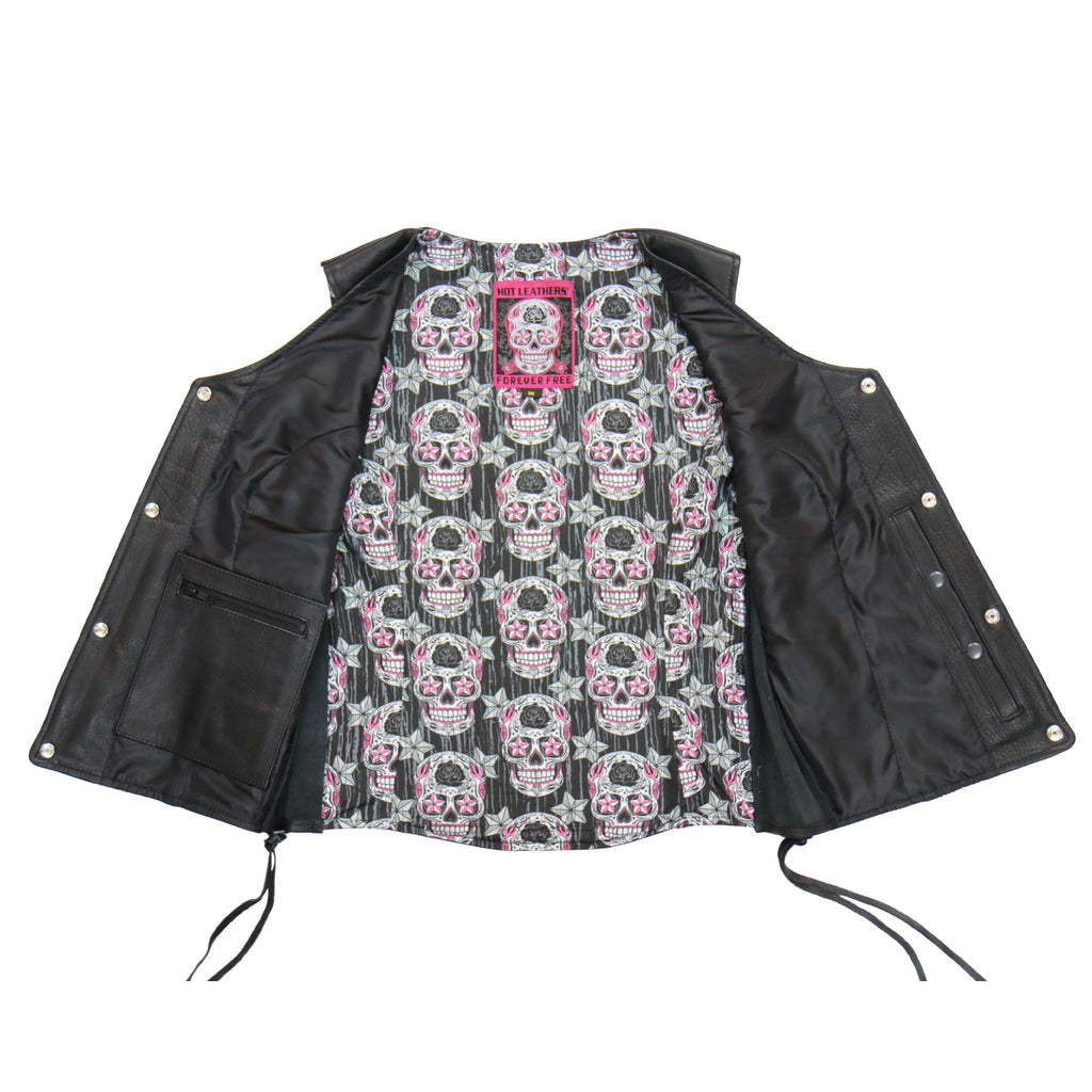 Hot Leathers VSL1017 Ladies 'Sugar Skull' Lined Black Leather Motorcycle Biker Vest