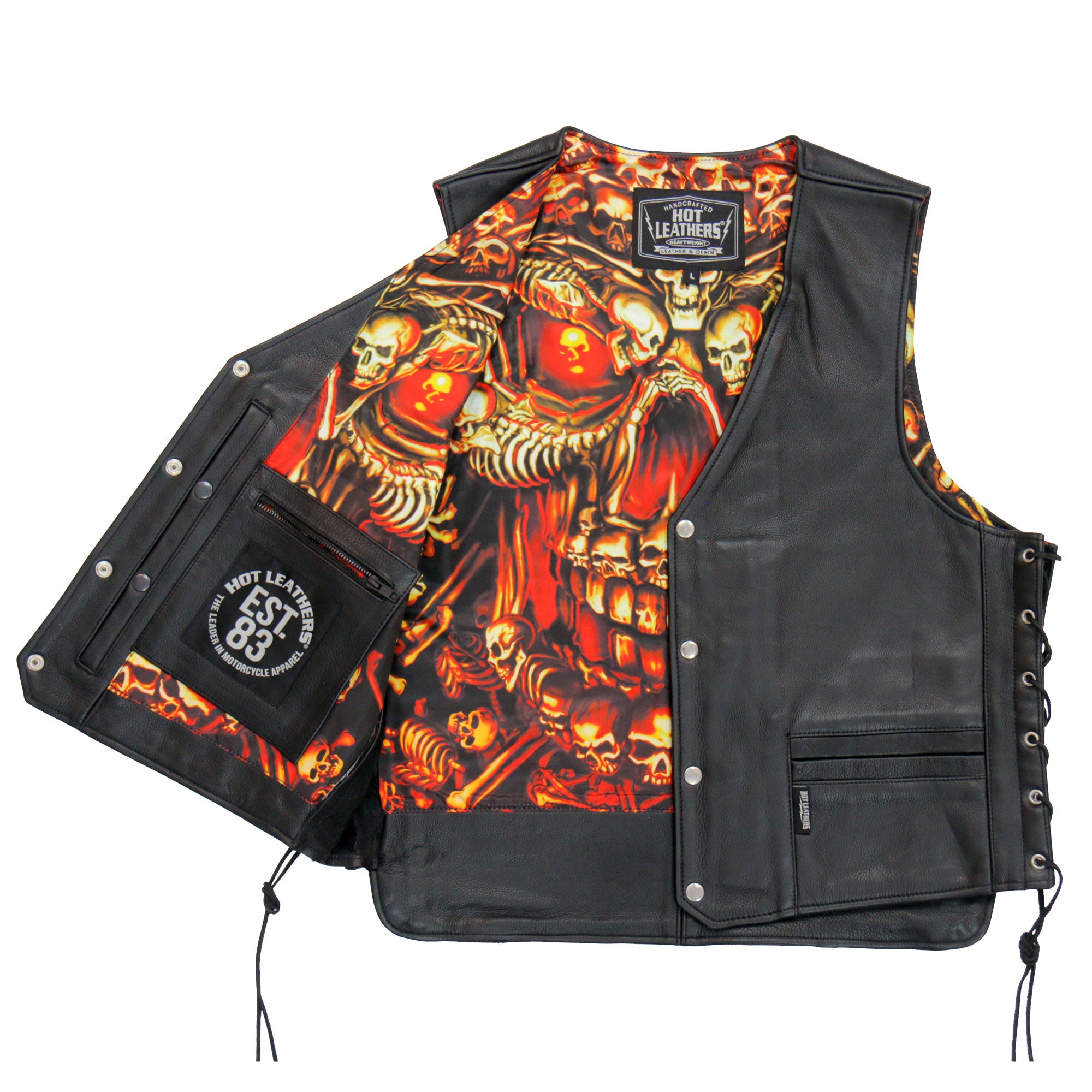 Hot Leathers VSM1061 Men's Black 'Skulls Make Skulls' Motorcycle style Conceal and Carry Side Lace Leather Biker Vest