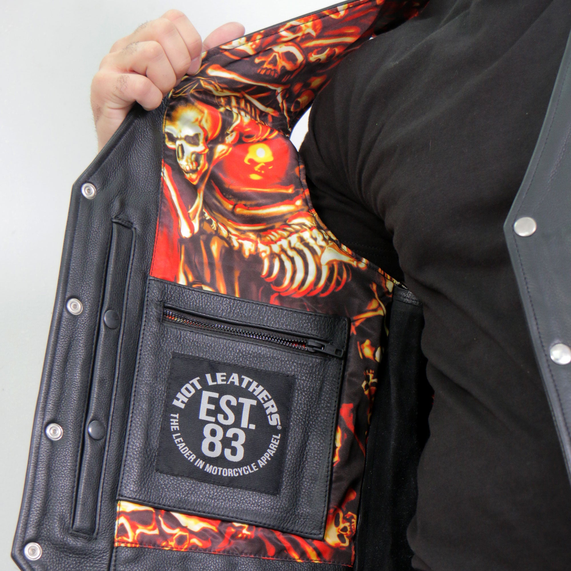 Hot Leathers VSM1061 Men's Black 'Skulls Make Skulls' Motorcycle style Conceal and Carry Side Lace Leather Biker Vest