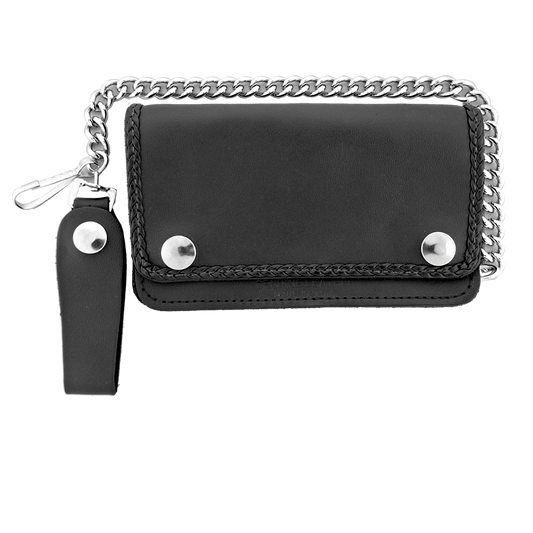 Hot Leathers WLC1002 5 Pocket Bi-fold Braided Detail Black Leather Wallet with Chain