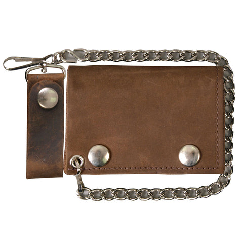 Hot Leathers WLC2010 Distressed Brown Tri-Fold Leather Wallet with Chain