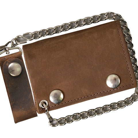 Hot Leathers WLC2010 Distressed Brown Tri-Fold Leather Wallet with Chain