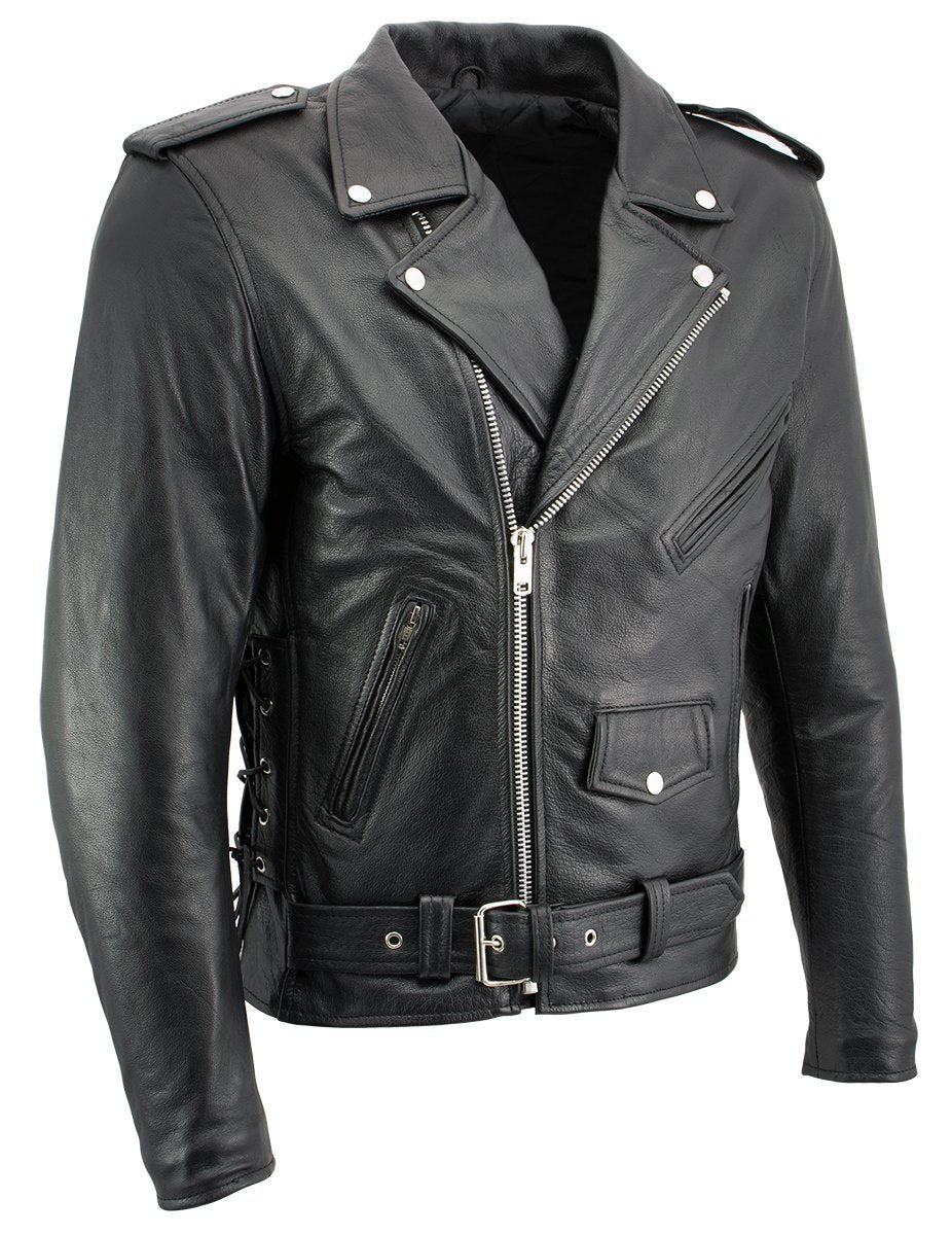 Xelement B7103 'Ruffian' Men's Classic Black Motorcycle Side Lace Leather Jacket with X-Armor Protection