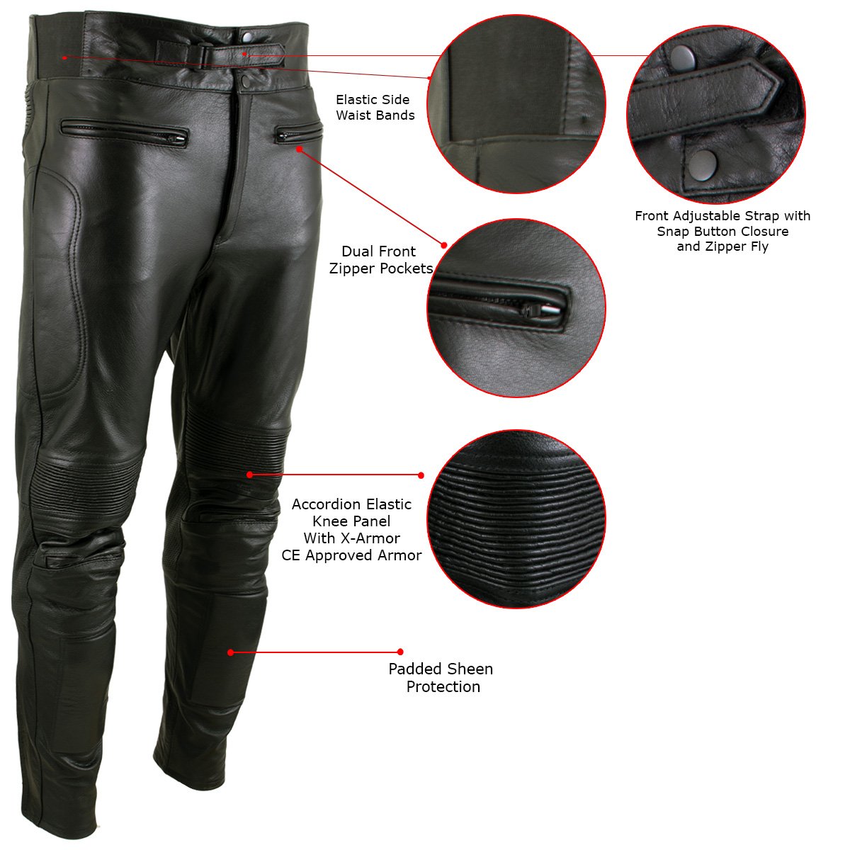 Xelement B7466 Men's 'The Racer' Black Cowhide Leather Racing Pants with X-Armor Protection